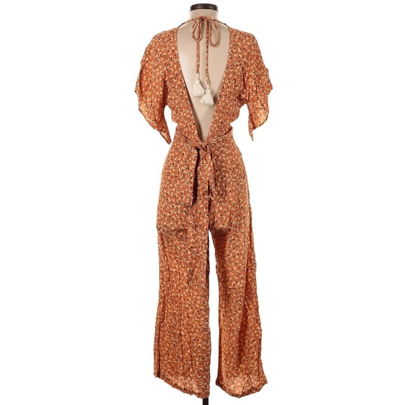 Faithfull The Brand Plunge Orange Floral Jumpsuit Boho Cottagecore Size 4 - Picture 3 of 10